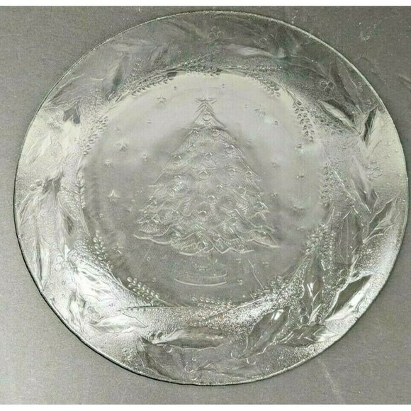 Holiday Glass Serving Plate With Christmas Tree Design & Holly Border - Picture 1 of 4
